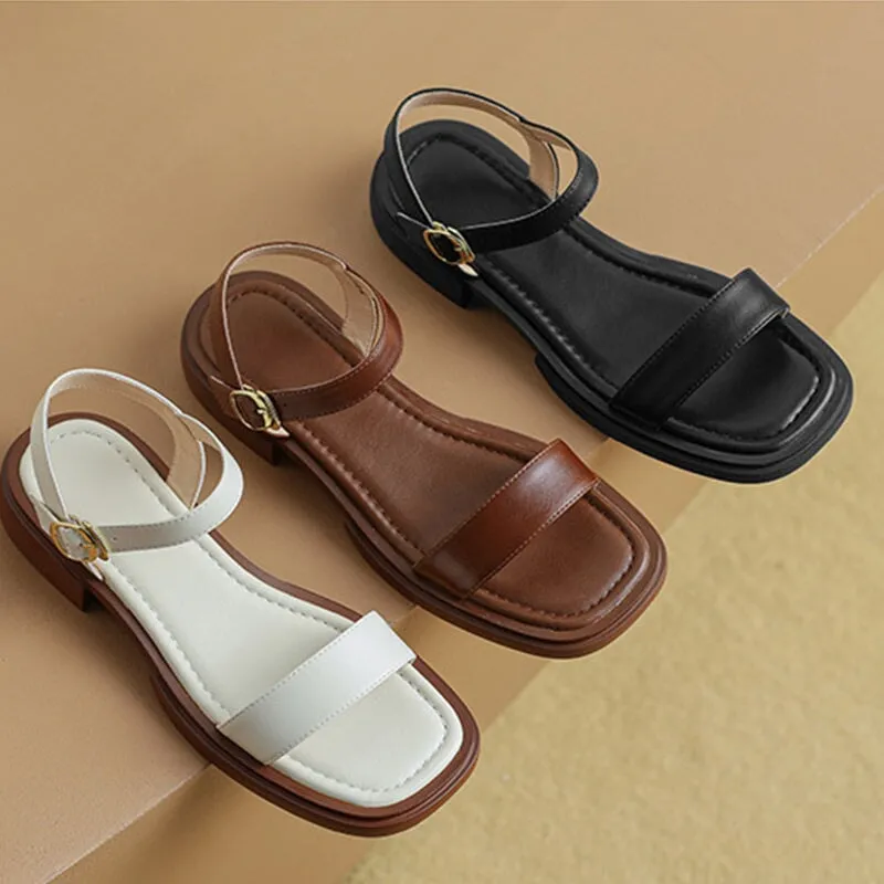 Retro Leather Open Toe Flat Sandal in Black/Brown/Beige