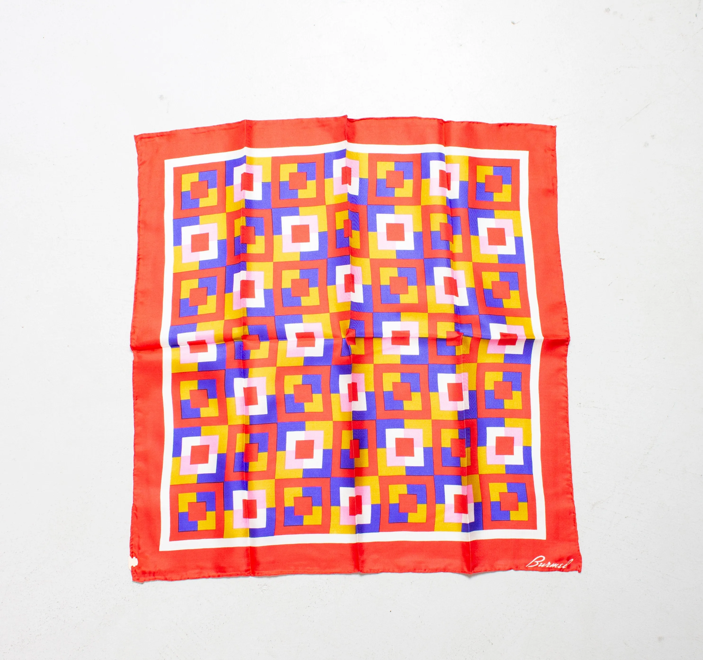 Silk Scarf Burmel DEADSTOCK Japan Geometric Print Red Square