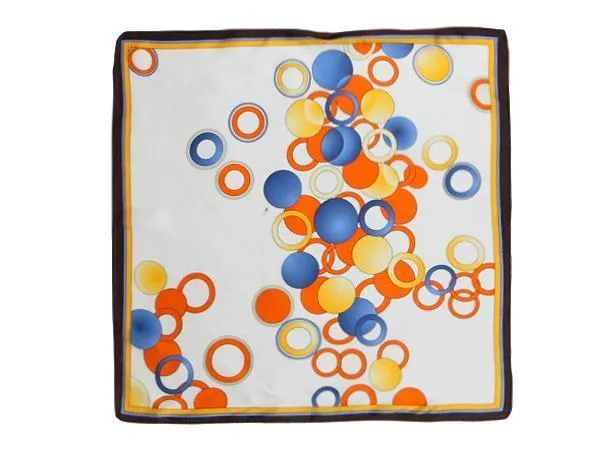 Small Square Silk Satin Scarf Ivory Theme Blue and Orange Circles Pattern XFJ011