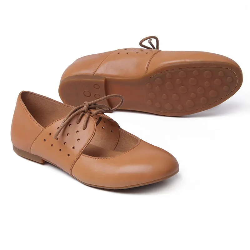 Soft Leather Lace Up Mary Jane Flats Oxfords Handmade in Black/Nude/Brown/Grey