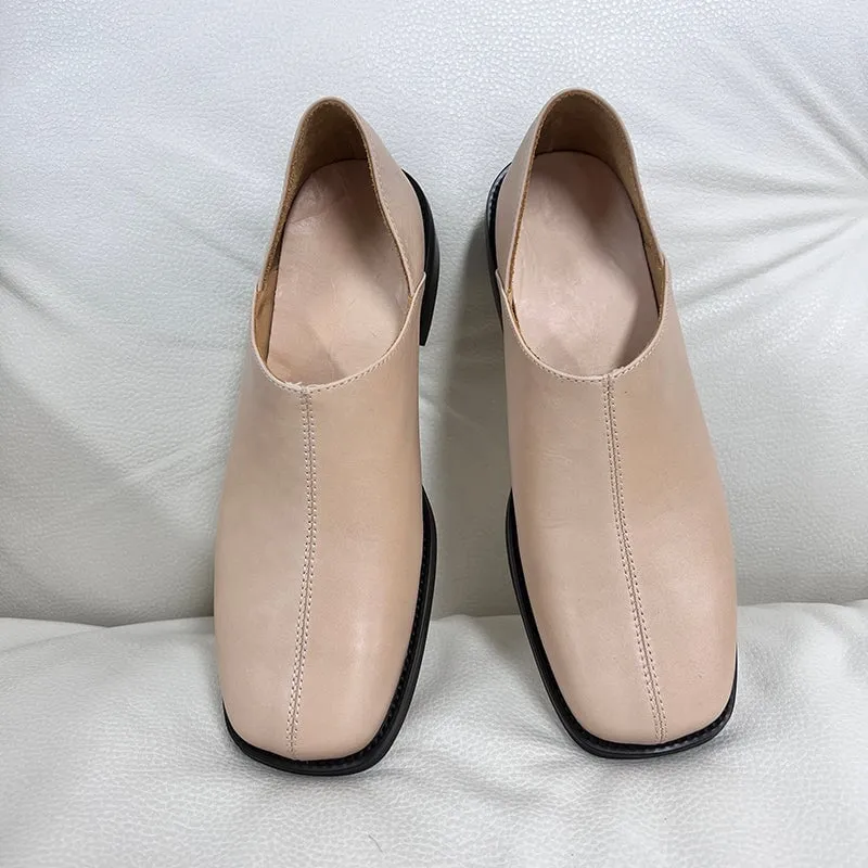 Square Toe Soft Leather Loafers for Women in Pink/Black