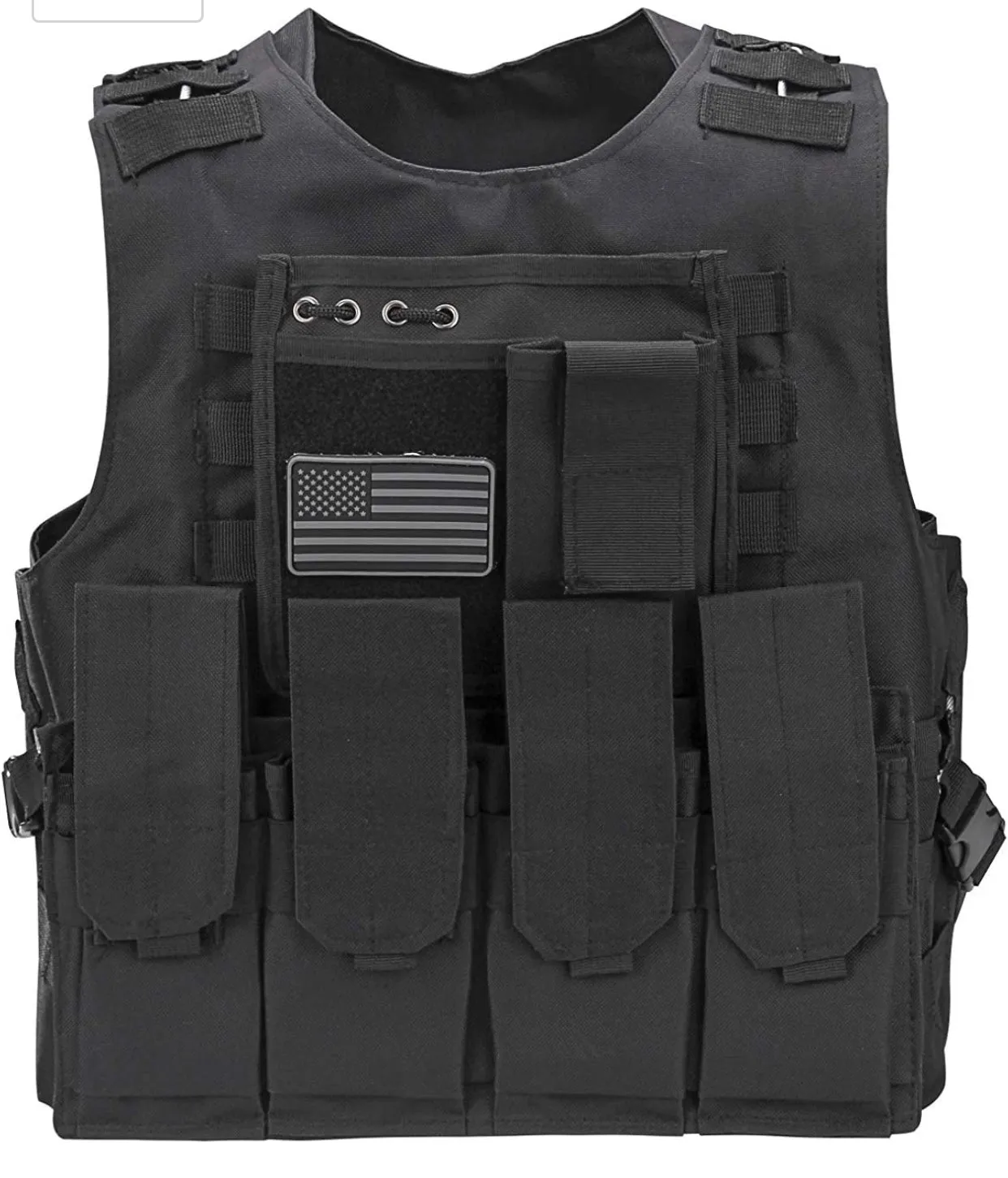 Tactical Plate Carrier Vest with Free US Flag Patch, Mil Spec 1000D Nylon PALS Molle Modular w/ 4 Mag Pouches, Side Pouch, Chest Mag Pouch