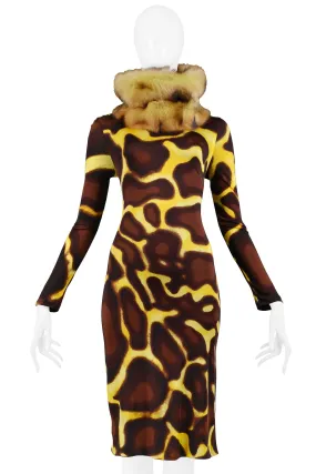 VERSACE YELLOW GIRAFFE PRINT DRESS WITH FUR COLLAR