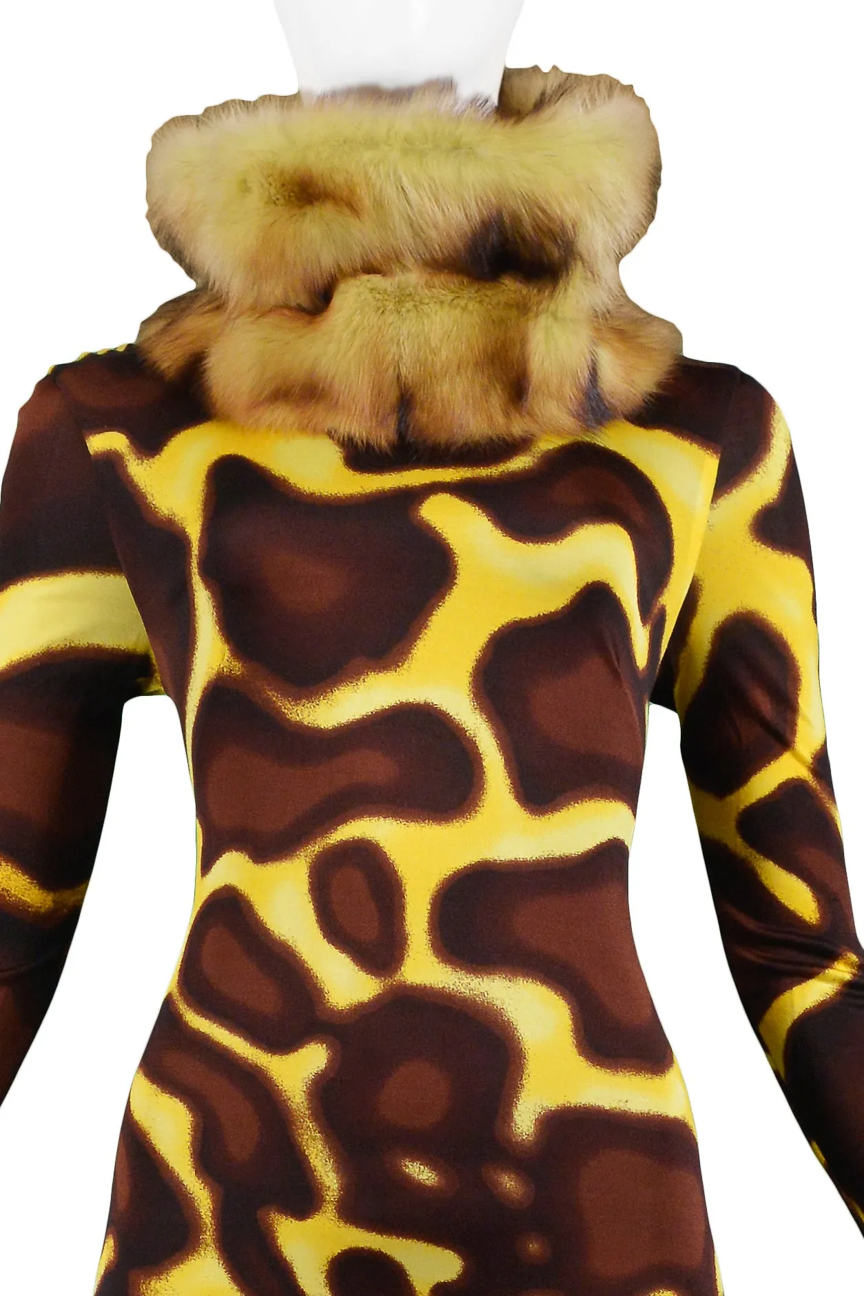 VERSACE YELLOW GIRAFFE PRINT DRESS WITH FUR COLLAR