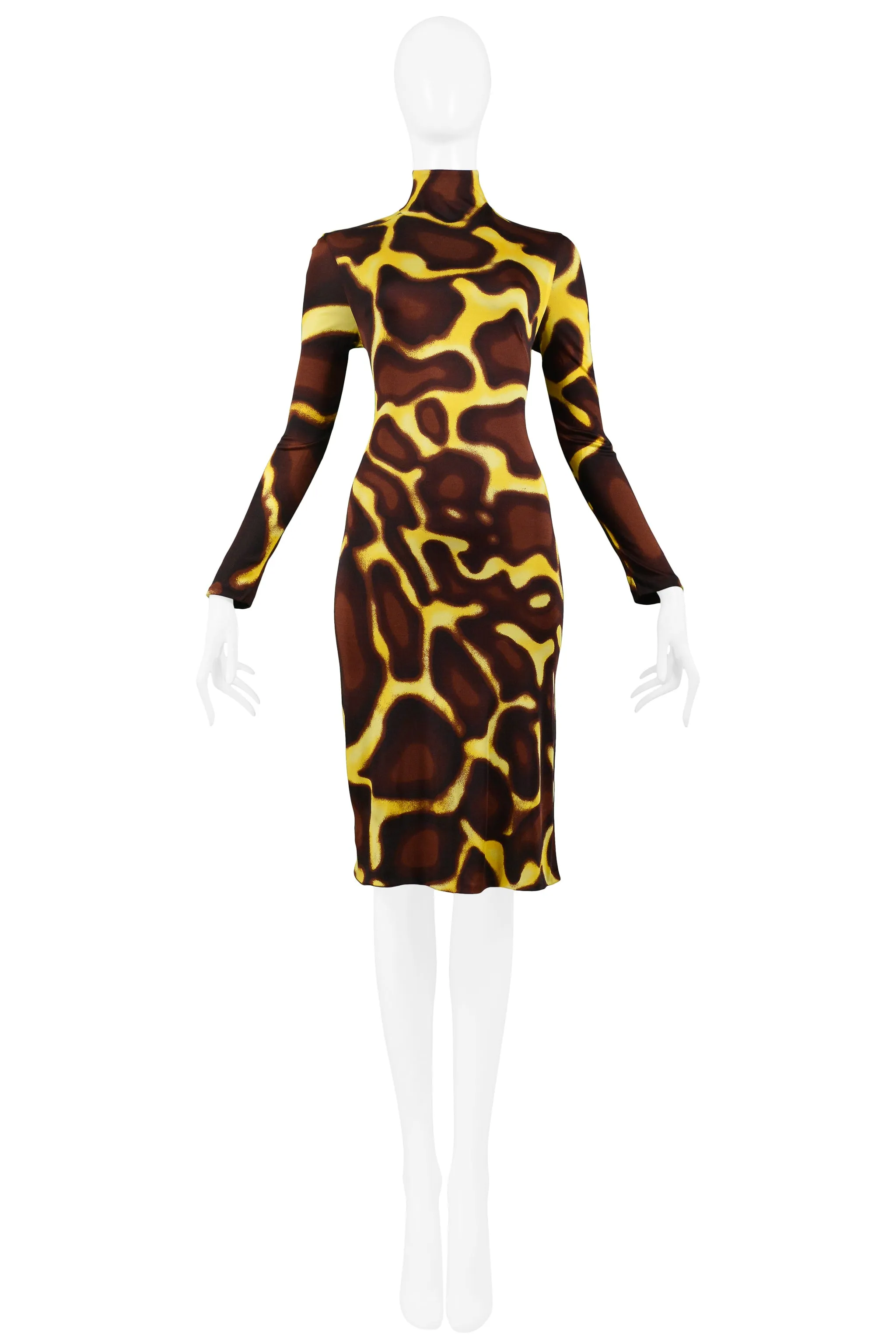 VERSACE YELLOW GIRAFFE PRINT DRESS WITH FUR COLLAR