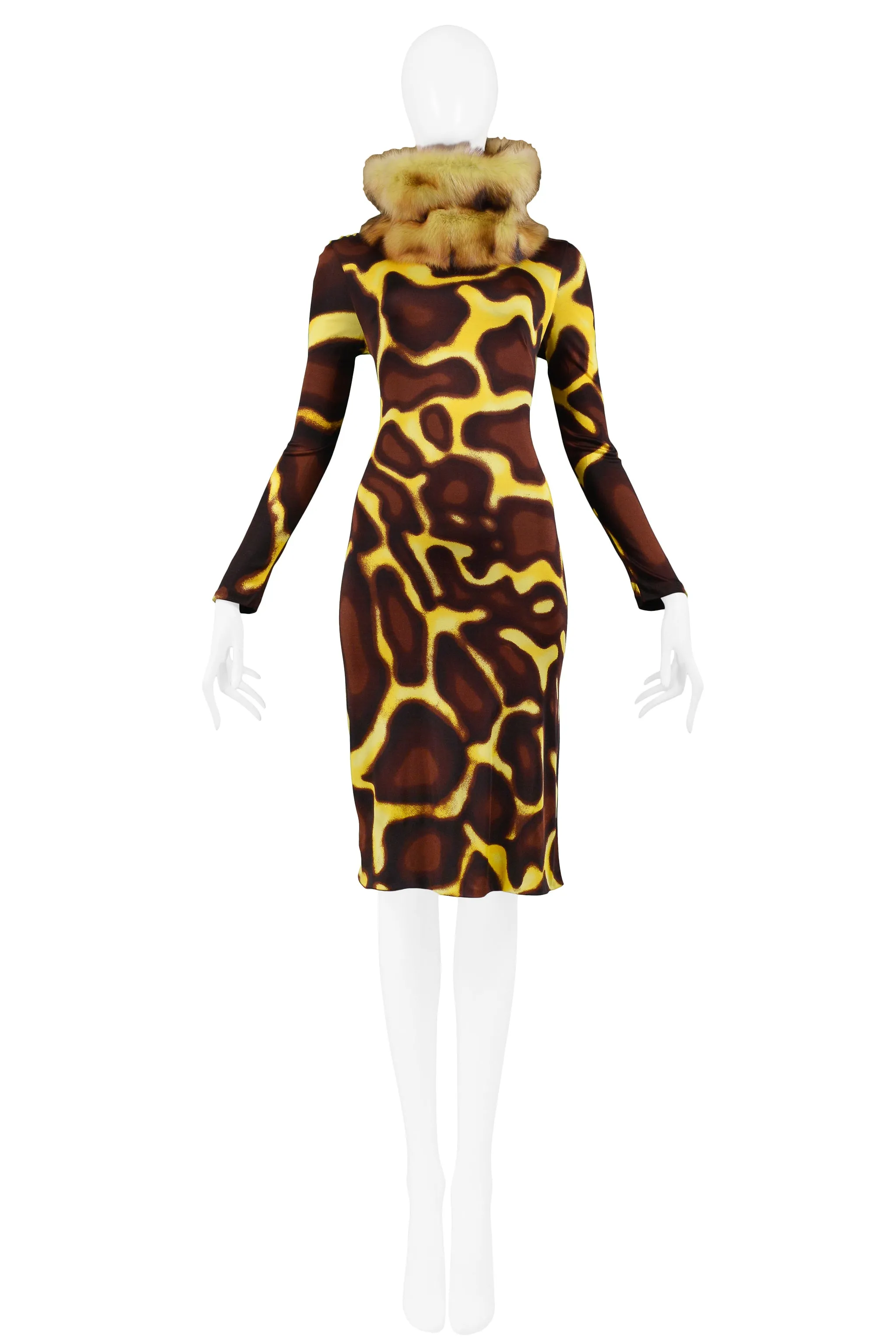 VERSACE YELLOW GIRAFFE PRINT DRESS WITH FUR COLLAR