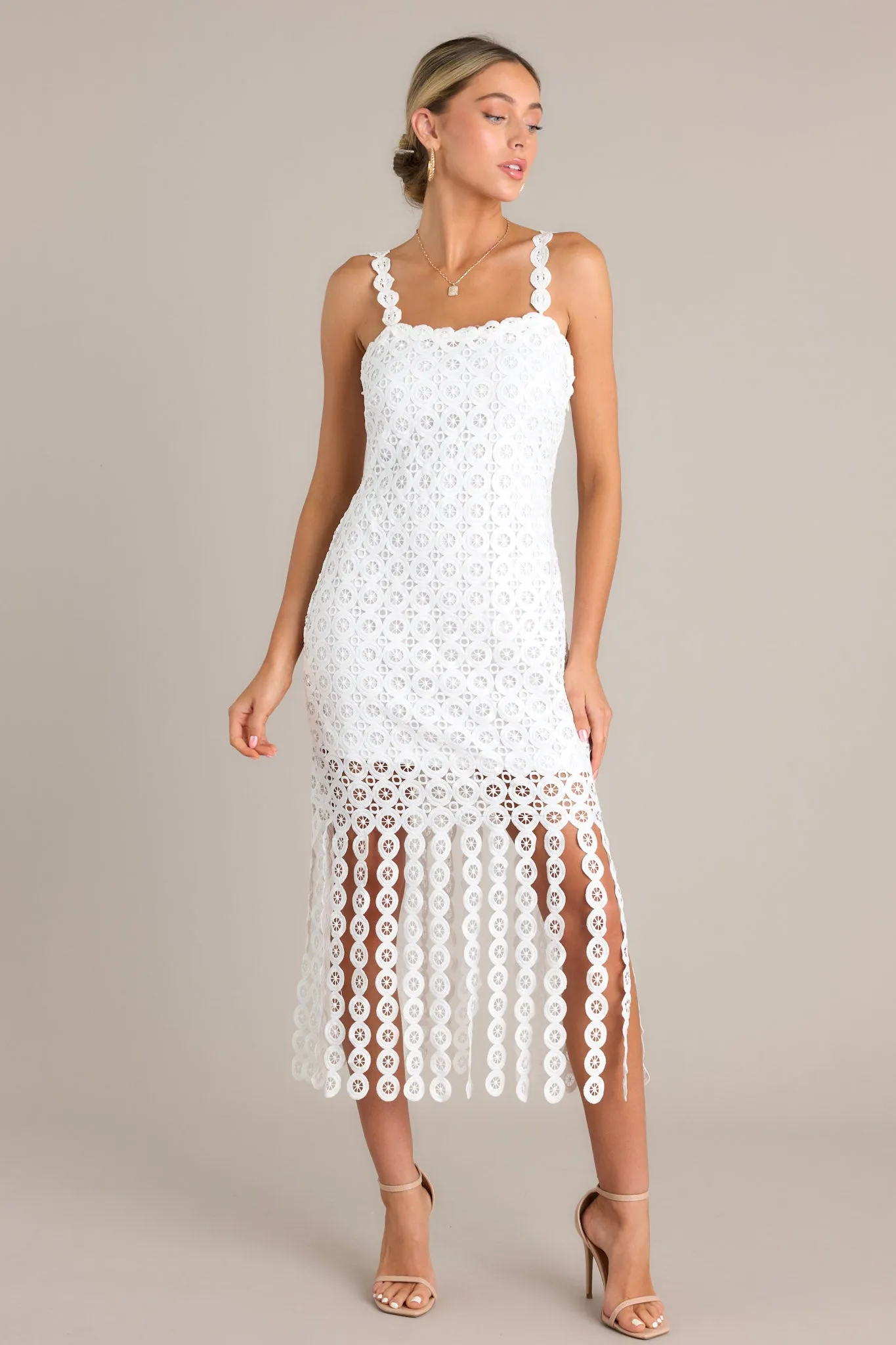 Whisper Your Wishes White Fringe Midi Dress