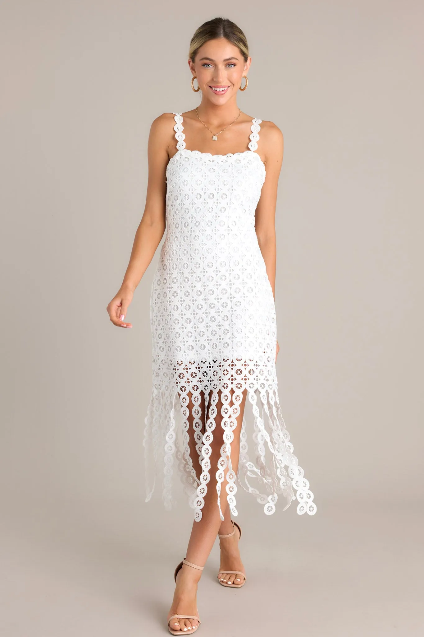 Whisper Your Wishes White Fringe Midi Dress