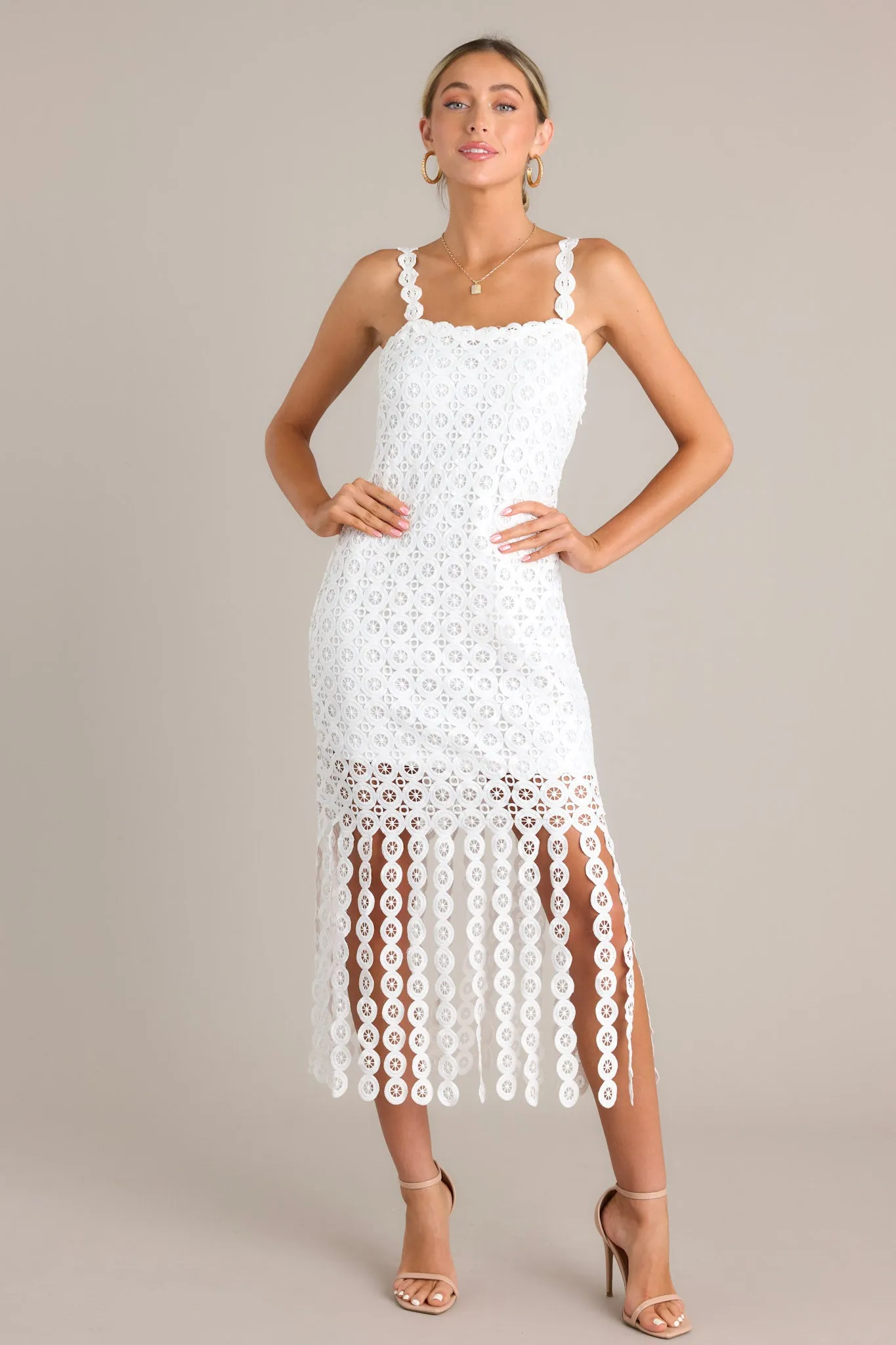 Whisper Your Wishes White Fringe Midi Dress