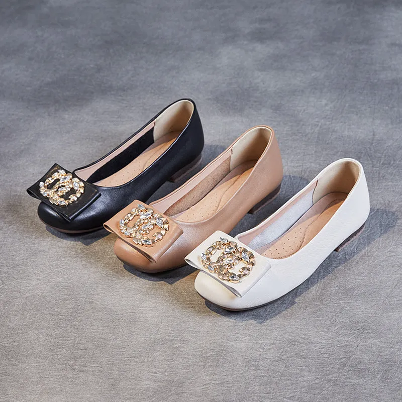 Women Summer Soft Leather Crystal Casual Flats