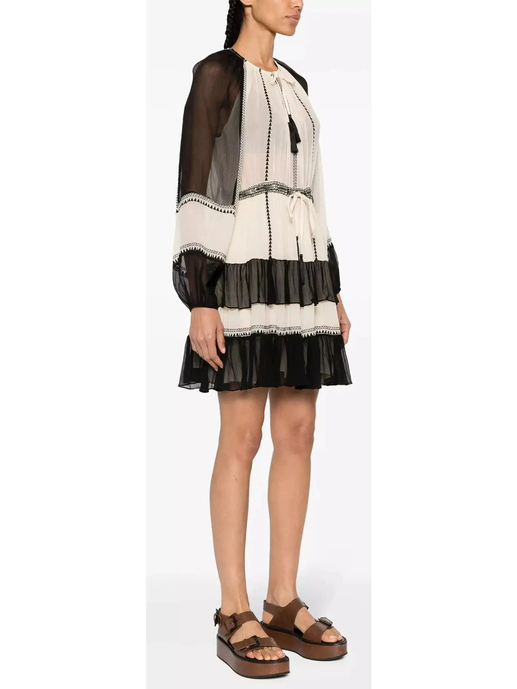 Women’s Black and White Silk Tiered Mini Dress