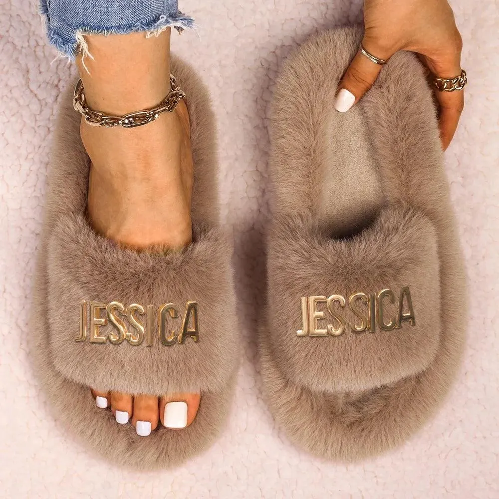 Women's Faux Fur Slippers - Fluffy, Furry Plush Slides with Personalized Letter Decor, Ideal Gift