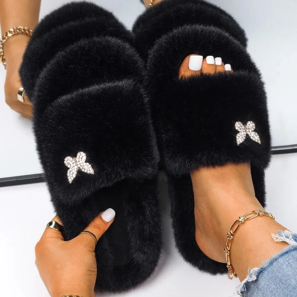 Women's Faux Fur Slippers - Fluffy, Furry Plush Slides with Personalized Letter Decor, Ideal Gift