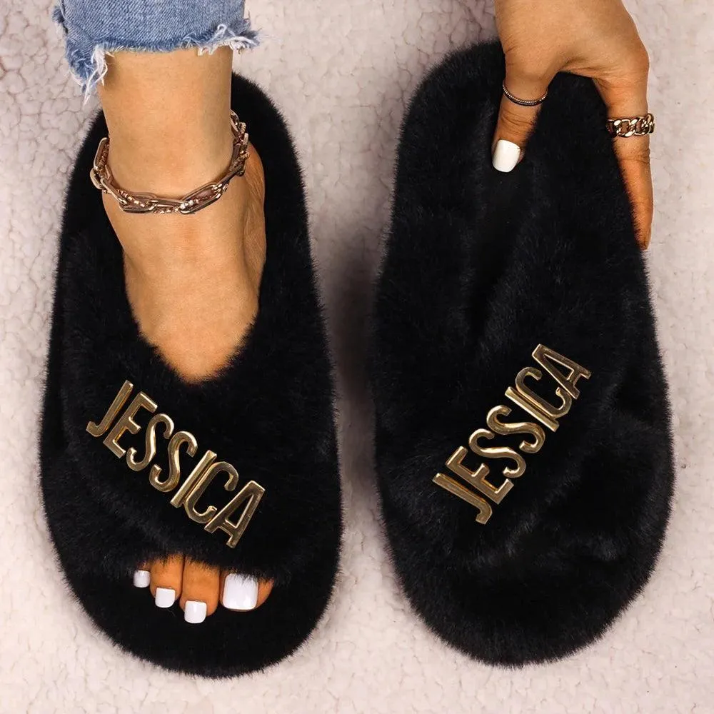 Women's Faux Fur Slippers - Fluffy, Furry Plush Slides with Personalized Letter Decor, Ideal Gift