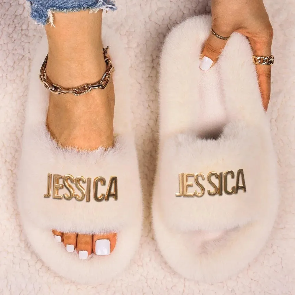 Women's Faux Fur Slippers - Fluffy, Furry Plush Slides with Personalized Letter Decor, Ideal Gift