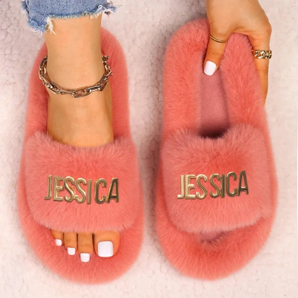 Women's Faux Fur Slippers - Fluffy, Furry Plush Slides with Personalized Letter Decor, Ideal Gift