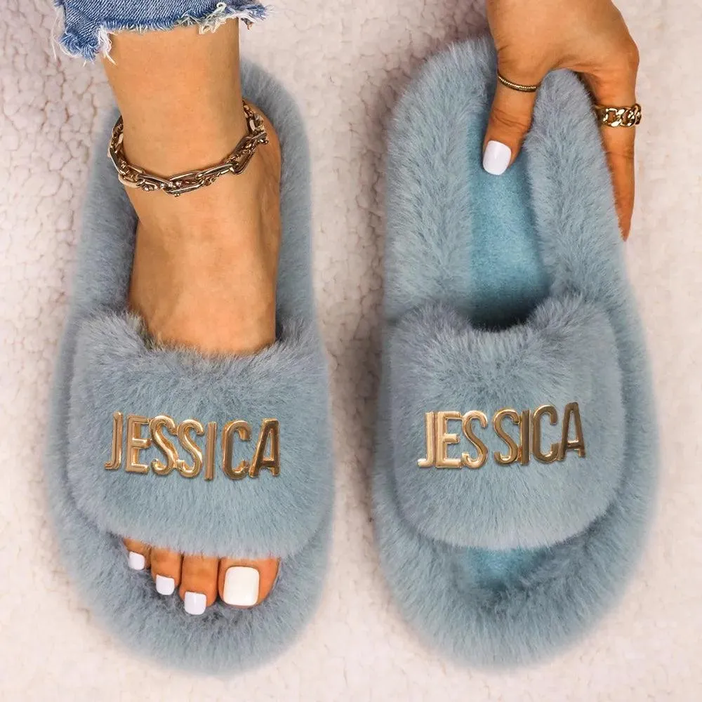 Women's Faux Fur Slippers - Fluffy, Furry Plush Slides with Personalized Letter Decor, Ideal Gift