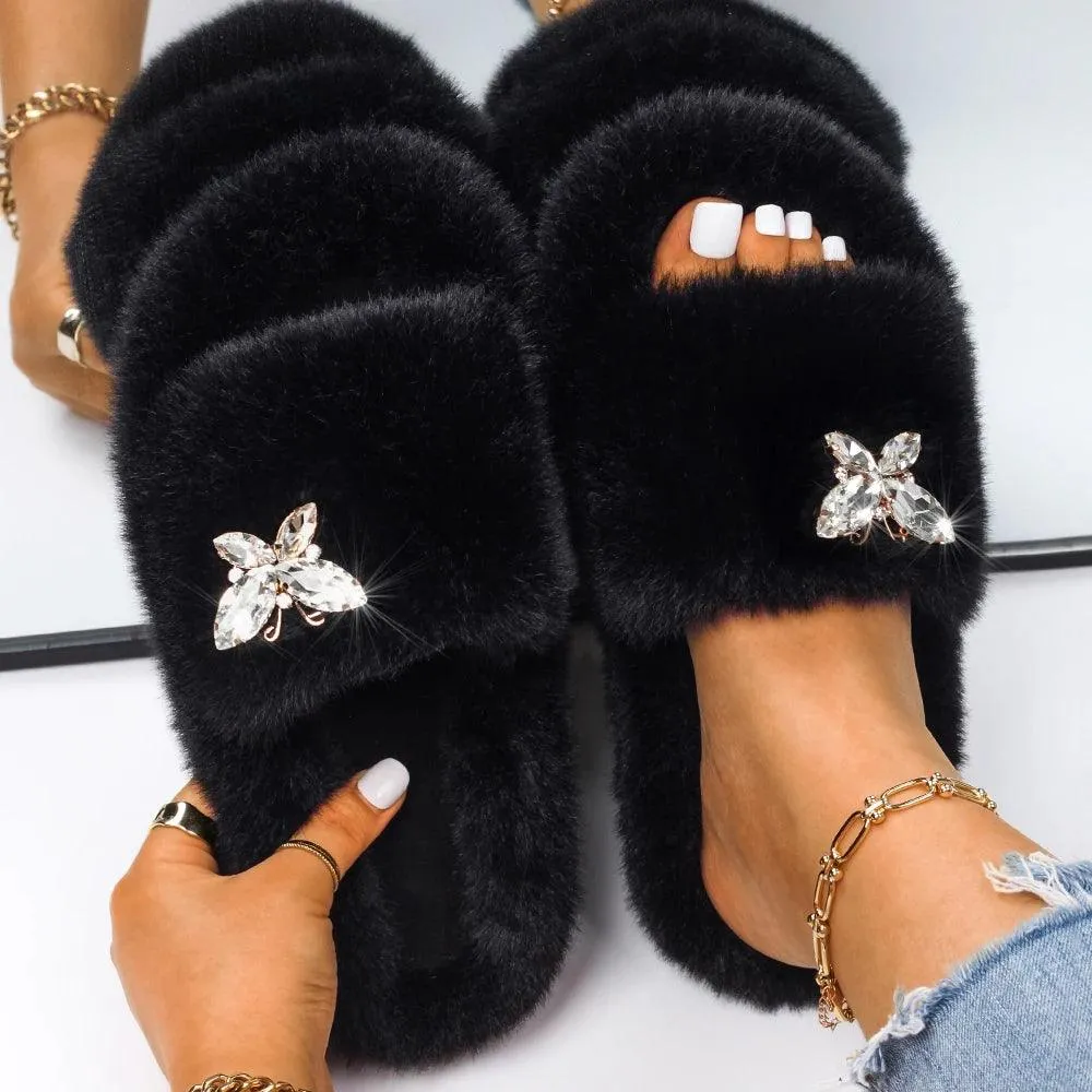 Women's Faux Fur Slippers - Fluffy, Furry Plush Slides with Personalized Letter Decor, Ideal Gift