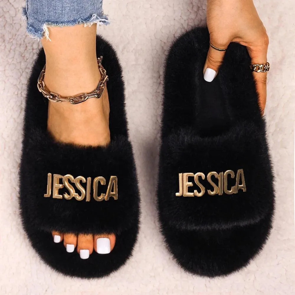 Women's Faux Fur Slippers - Fluffy, Furry Plush Slides with Personalized Letter Decor, Ideal Gift