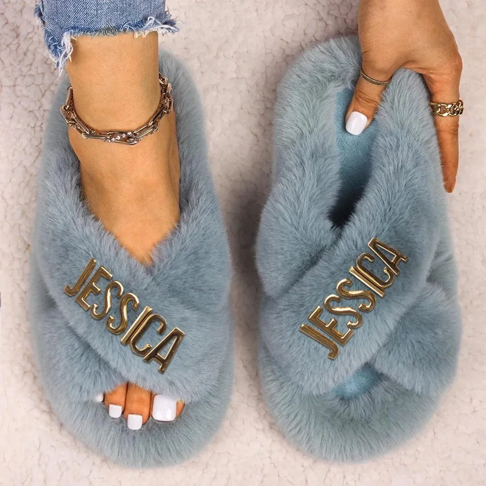 Women's Faux Fur Slippers - Fluffy, Furry Plush Slides with Personalized Letter Decor, Ideal Gift