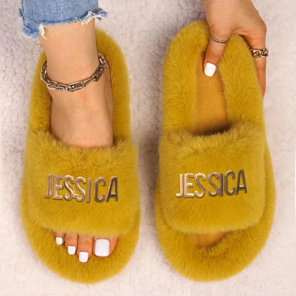 Women's Faux Fur Slippers - Fluffy, Furry Plush Slides with Personalized Letter Decor, Ideal Gift