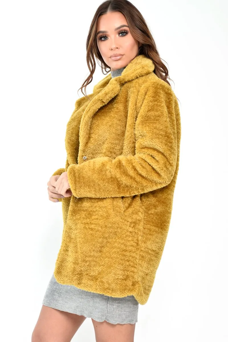 Yellow Faux Fur Popper Button Coat - Clarisa