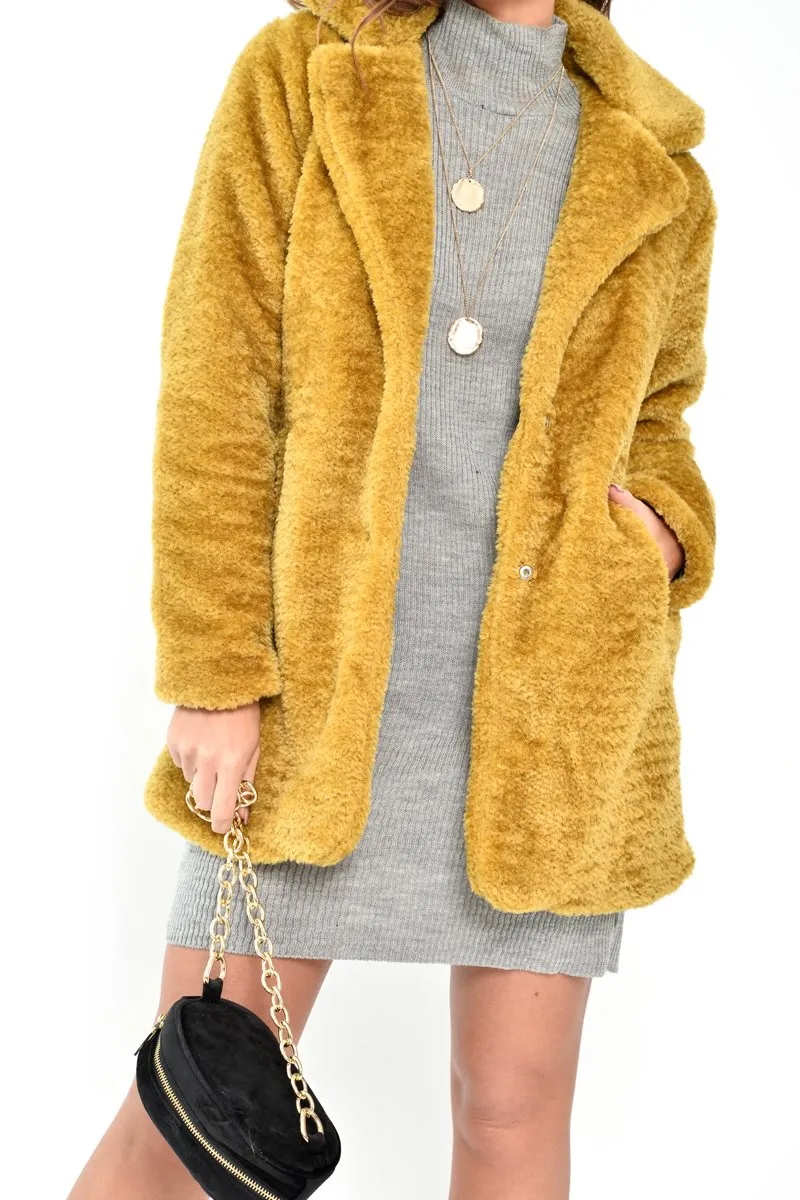 Yellow Faux Fur Popper Button Coat - Clarisa