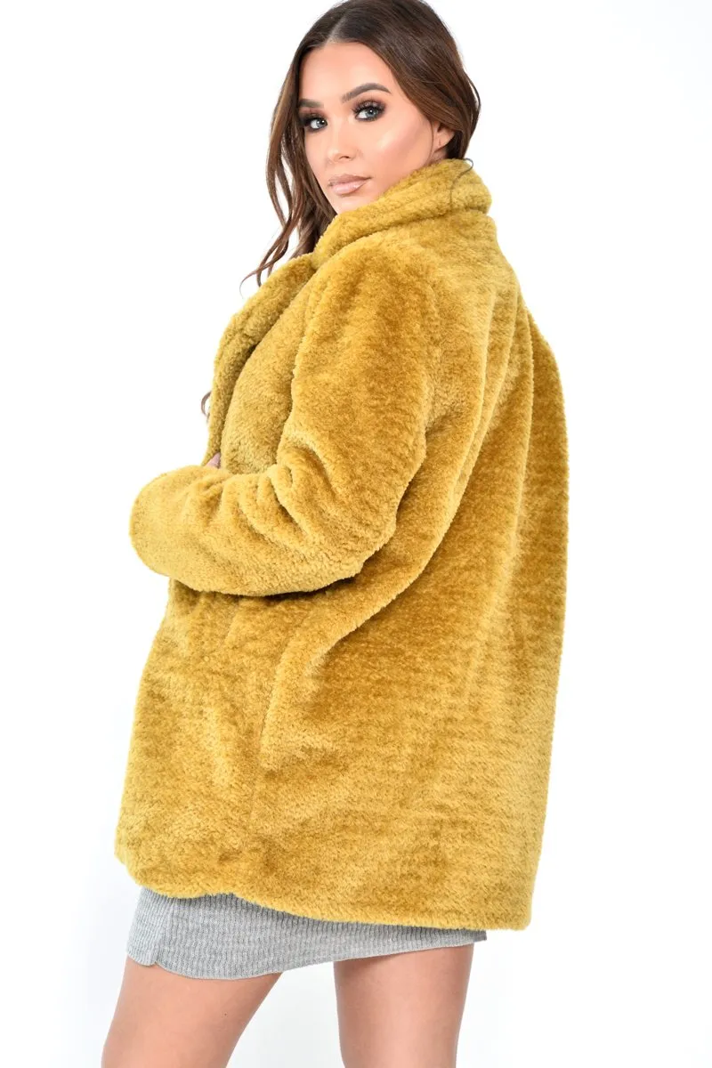 Yellow Faux Fur Popper Button Coat - Clarisa