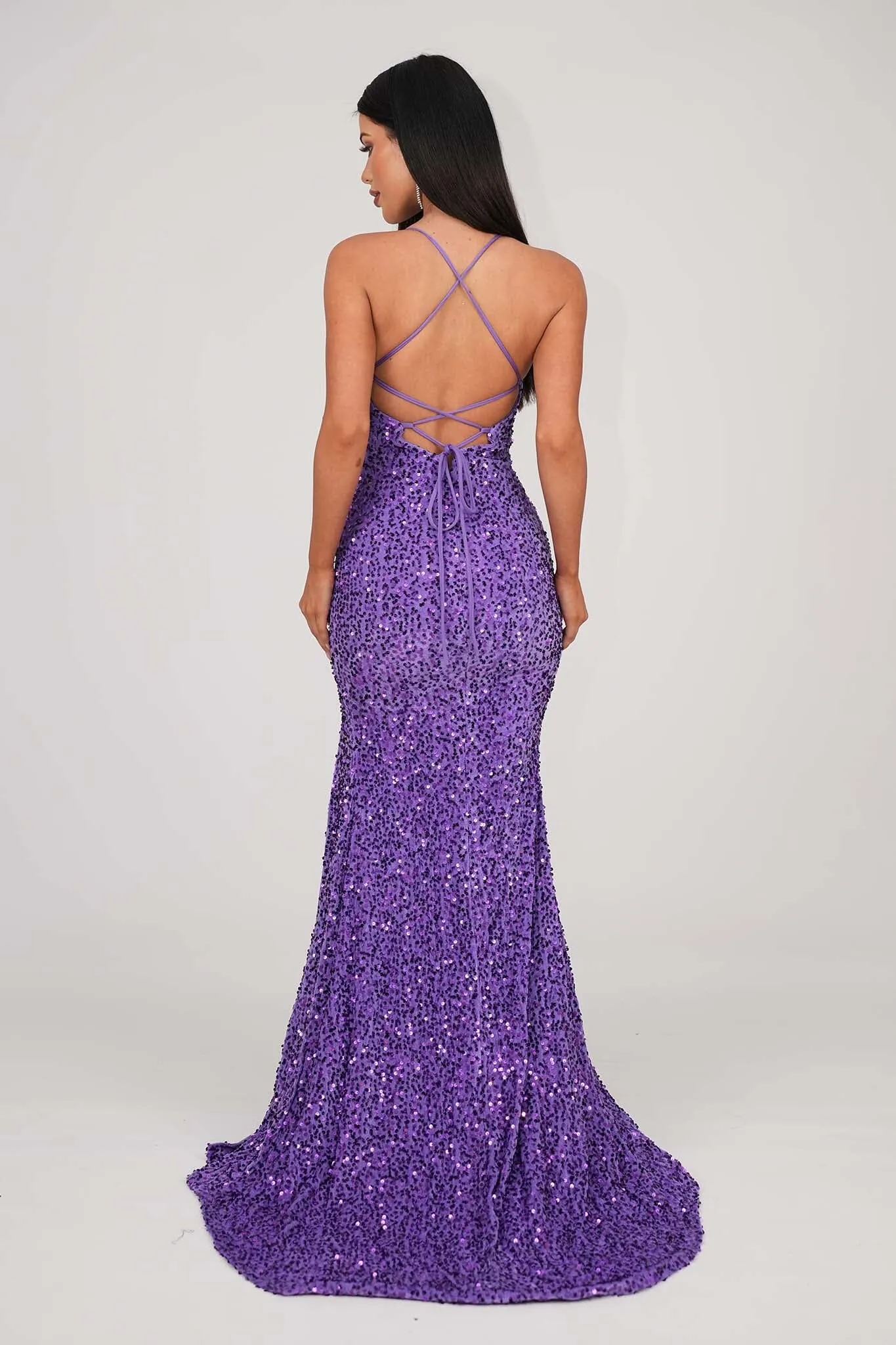 Zelda Side Slit Velvet Sequin Gown - Light Purple