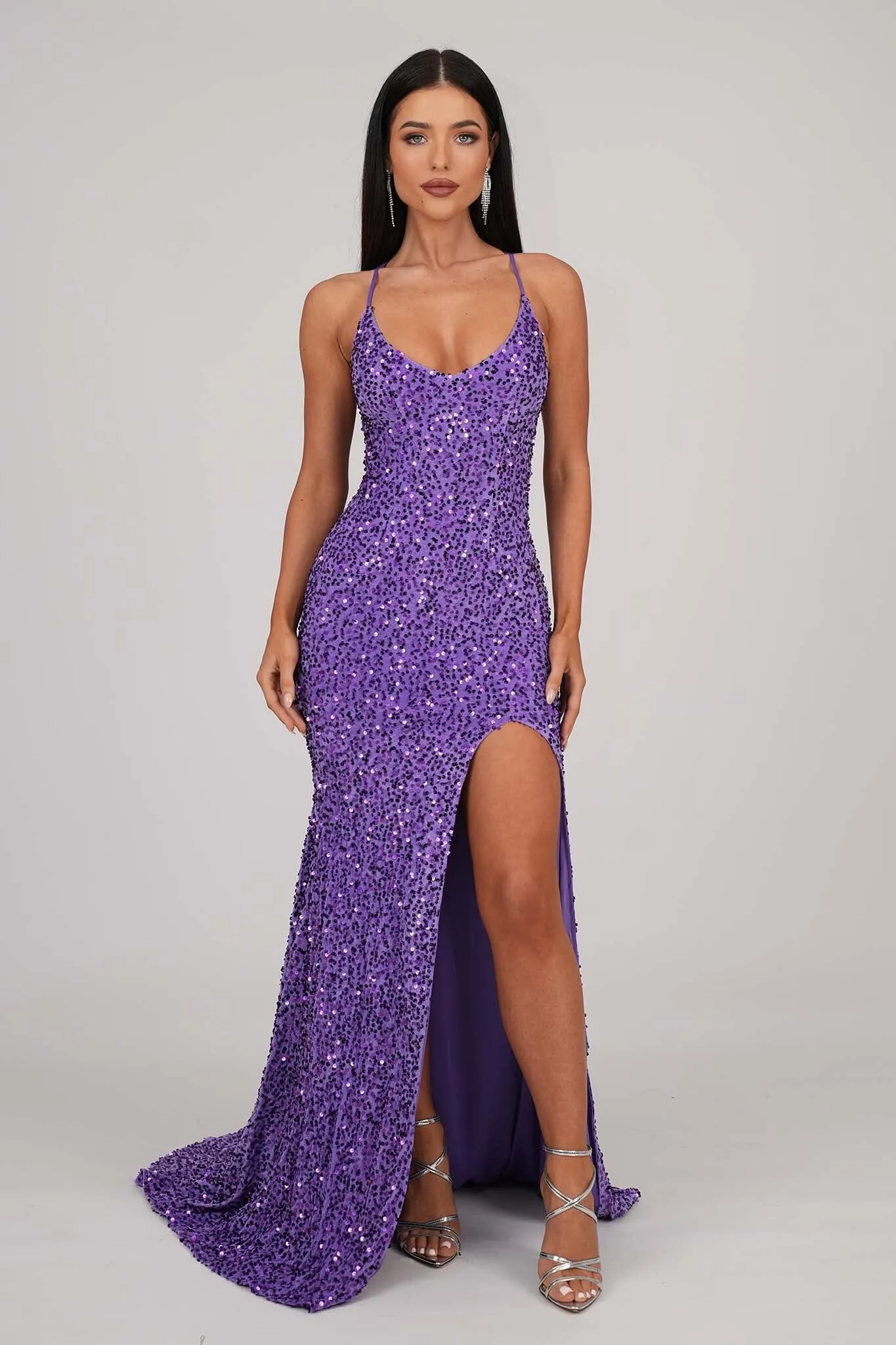 Zelda Side Slit Velvet Sequin Gown - Light Purple