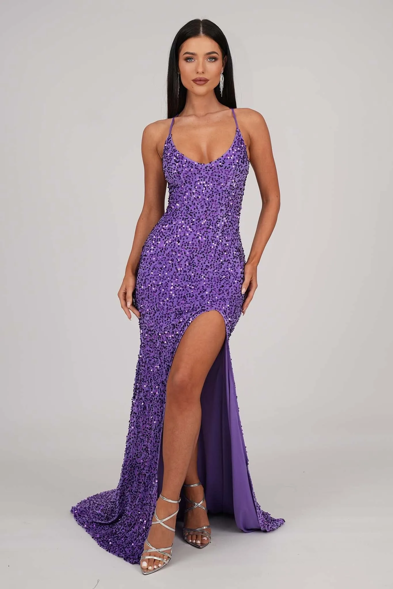 Zelda Side Slit Velvet Sequin Gown - Light Purple